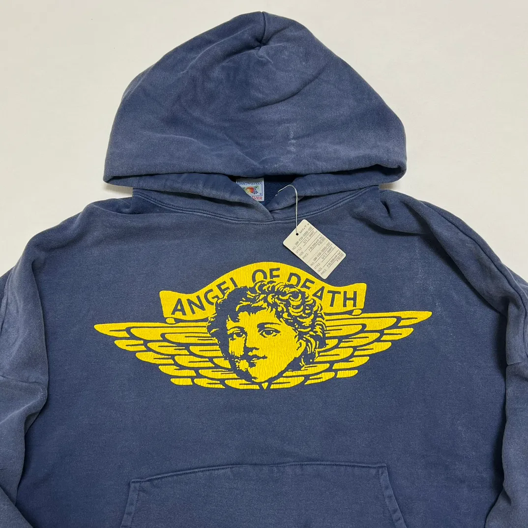 SAINT M×××××× ANGEL HOODIE/NAVY Angel Reborn Blue Hoodie Washed Blue S-XL Assute Garment Dyeing Full Clothes Water Fading Mud Dyeing Dirty Distress New Vintage Ceiling God Tailoring Original Super Loose Fit Customized Original Accessories God-level Print Restoration